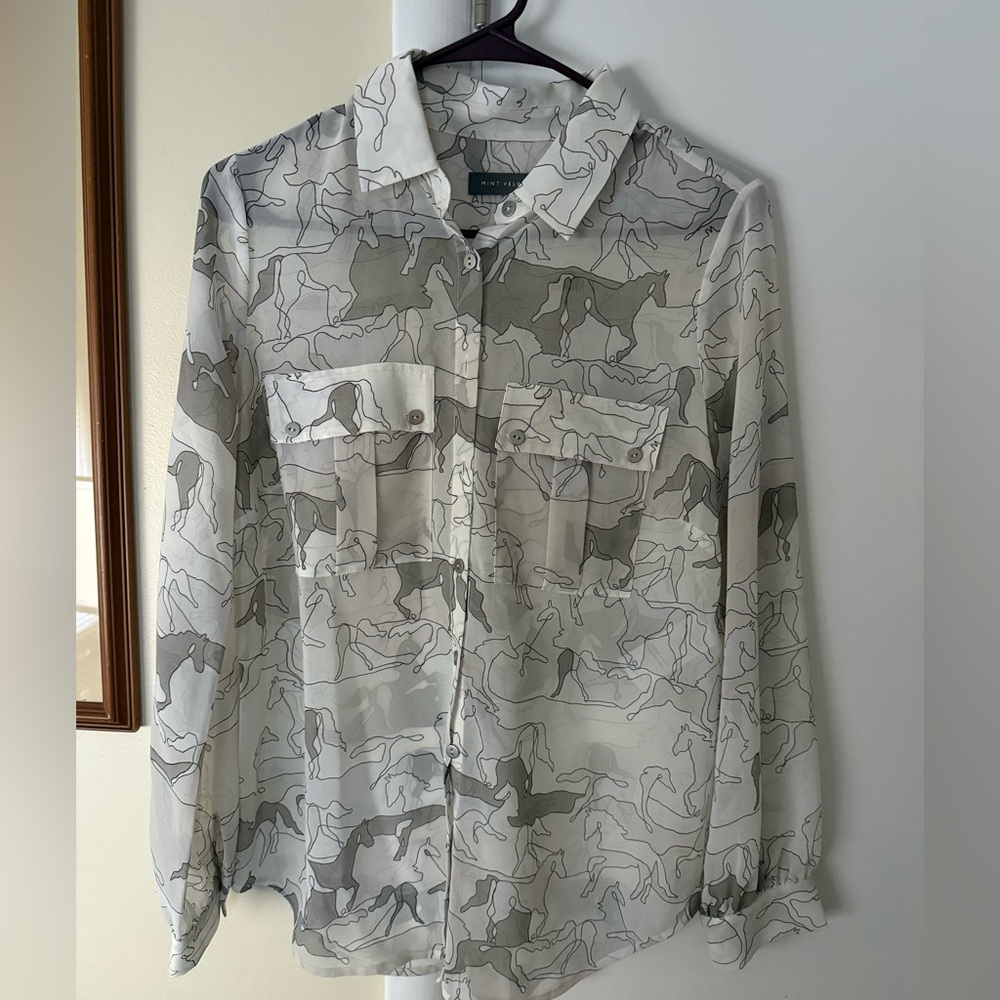 Mint Velvet horse print blouse. Slightly translucent. Grey and white. UK 10/US 6